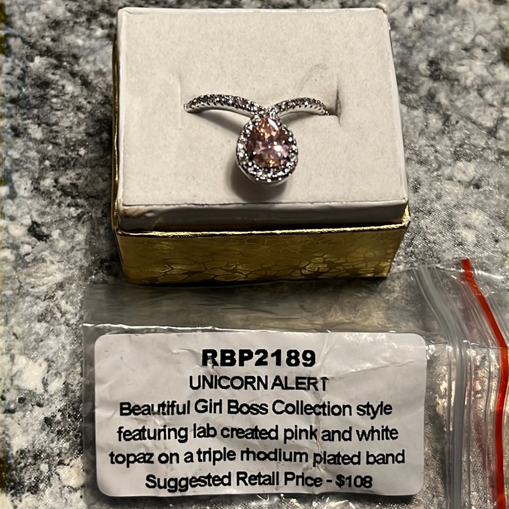 RBP2189 Unicorn- Girl Boss lab created pink and white topaz rhodium plated